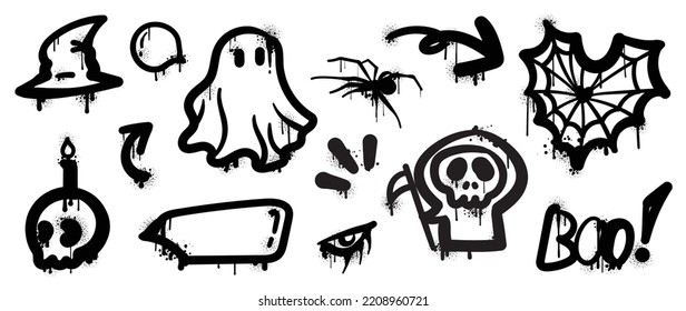 Set of graffiti spray pattern. Collection of halloween symbols, speech bubble, arrow, ghost, spider web, skull with spray texture. Elements on white background for, decoration, street art, halloween.