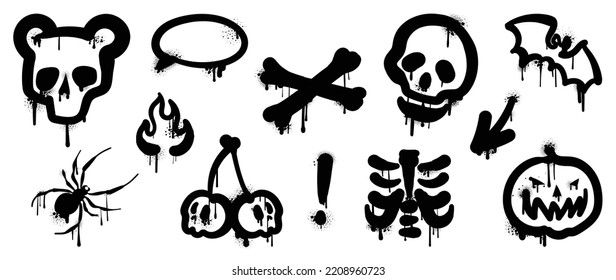 Set of graffiti spray pattern. Collection of halloween symbols, speech bubble, bone, spider, skull, pumpkin with spray texture. Elements on white background for, decoration, street art, halloween.