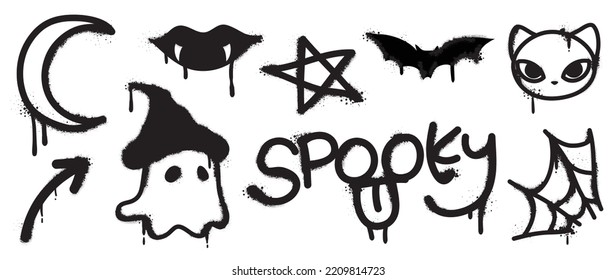 Set graffiti spray pattern  Collection halloween symbols  ghost  moon  cat  spooky  bat  arrow and spray texture  Elements white background for banner  decoration  street art  halloween 