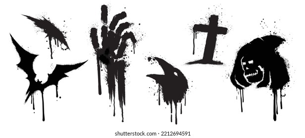 Set of graffiti spray pattern. Collection of halloween symbols, ghost, bat, mask, cross, demon with black spray texture. Elements on white background for banner, decoration, street art, halloween.