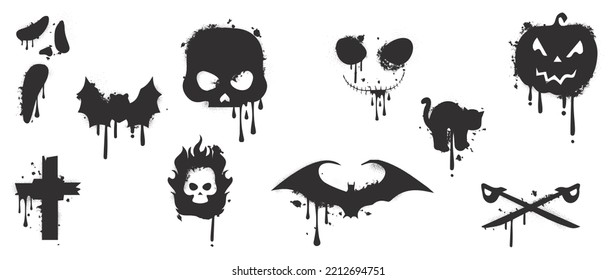 Set of graffiti spray pattern. Collection of halloween symbols, ghost, bat, skull, sword, cross with black spray texture. Elements on white background for banner, decoration, street art, halloween