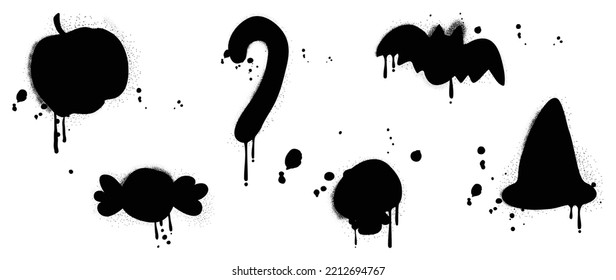 Set of graffiti spray pattern. Collection of halloween symbols, pumpkin, bat, skull, hat, candy with black spray texture. Elements on white background for banner, decoration, street art, halloween.