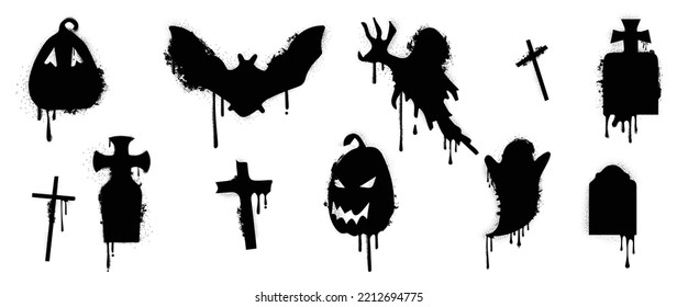 Set of graffiti spray pattern. Collection of halloween symbols, ghost, bat, mask, cross, demon with black spray texture. Elements on white background for banner, decoration, street art, halloween.
