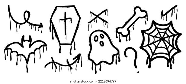 Set of graffiti spray pattern. Collection of halloween symbols, ghost, bat, spider web, bone, arrow with spray texture. Elements on white background for banner, decoration, street art, halloween.