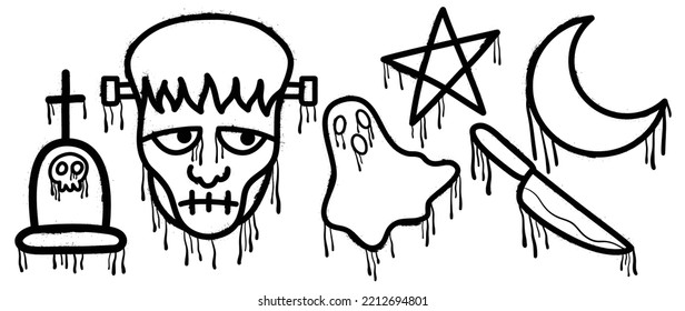 Set of graffiti spray pattern. Collection of halloween symbols, ghost, frankenstein, coffin, star, knife with spray texture. Elements on white background for banner, decoration, street art, halloween.