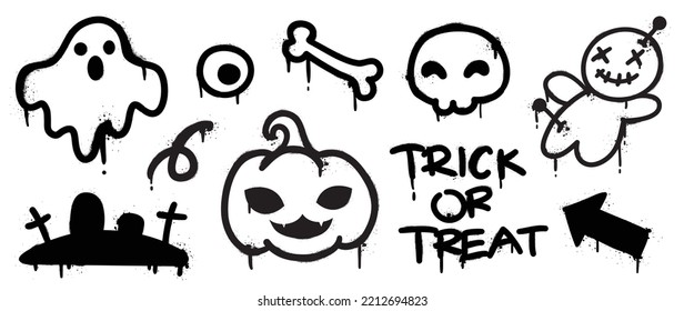 Set of graffiti spray pattern. Collection of halloween symbols, ghost, bone, skull, pumpkin, eye, doll with spray texture. Elements on white background for banner, decoration, street art, halloween