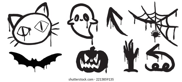 Set of graffiti spray pattern. Collection of halloween symbols, arrow, pumpkin, spider, bat, ghost with spray texture. Elements on white background for banner, decoration, street art, halloween.