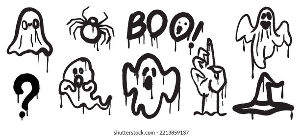 Set of graffiti spray pattern. Collection of halloween symbols, boo, pumpkin, spider, witch hat, ghost with spray texture. Elements on white background for banner, decoration, street art, halloween.