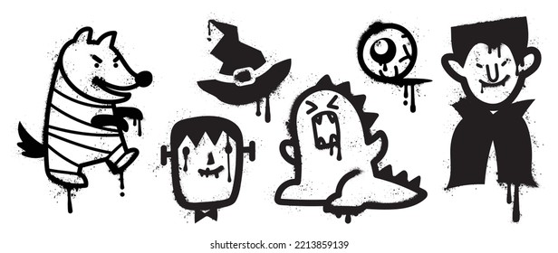 Set of graffiti spray pattern. Collection of halloween symbols, werewolf, dracula, frankenstein, hat with spray texture. Elements on white background for banner, decoration, street art, halloween.