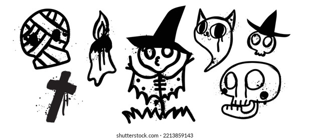 Set Of Graffiti Spray Pattern. Collection Of Halloween Symbols, Skull, Mummy, Candle, Cat, Ghost With Spray Texture. Elements On White Background For Banner, Decoration, Street Art, Halloween.