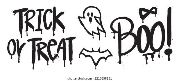 Set of graffiti spray pattern. Collection of halloween quote, phrase, trick or treat, boo, ghost with spray texture. Elements on white background for banner, decoration, street art, halloween.