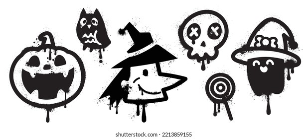 Set of graffiti spray pattern. Collection of halloween symbols, witch, pumpkin, candy, skull, owl, ghost with spray texture. Elements on white background for banner, decoration, street art, halloween.