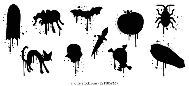 Set of graffiti spray pattern. Collection of halloween symbols, coffin, spider, ghost, pumpkin, cat with spray texture. Elements on white background for banner, decoration, street art, halloween.