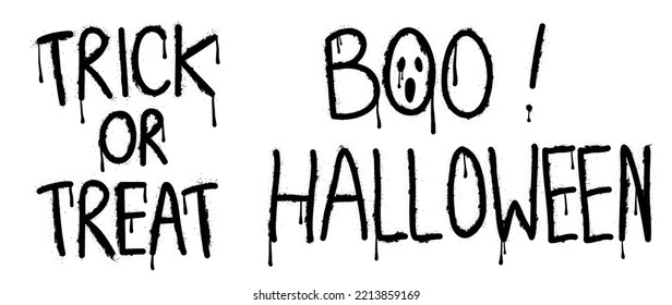 Set of graffiti spray pattern. Collection of halloween quote, trick or treat, boo, text, phrase with spray texture. Elements on white background for banner, decoration, street art, halloween.