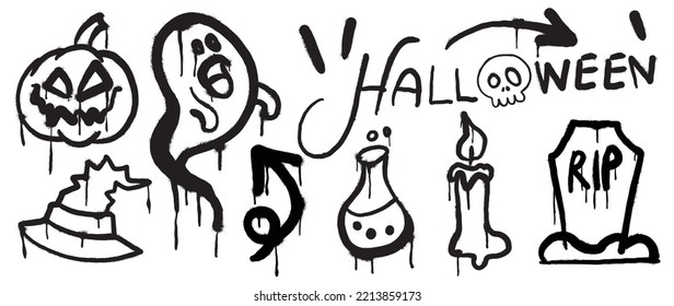 Set of graffiti spray pattern. Collection of halloween symbols, gravestone, pumpkin, hat, skull, ghost with spray texture. Elements on white background for banner, decoration, street art, halloween.