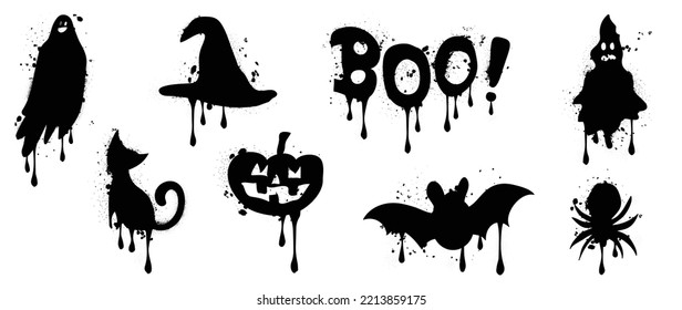 Set of graffiti spray pattern. Collection of halloween symbols, cat, bat, spider, ghost, pumpkin, hat with spray texture. Elements on white background for banner, decoration, street art, halloween.