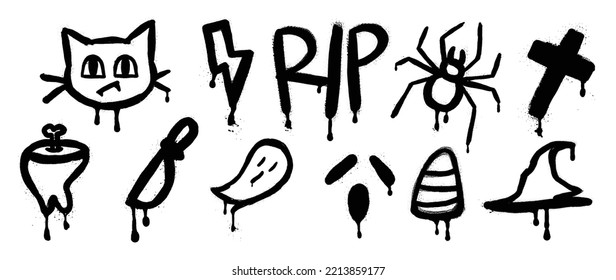 Set of graffiti spray pattern. Collection of halloween symbols, cat, spider, candy, witch hat, ghost with spray texture. Elements on white background for banner, decoration, street art, halloween.