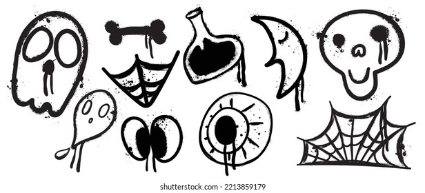 Set of graffiti spray pattern. Collection of halloween symbols, skull, bone, ghost, eyes, spider web with spray texture. Elements on white background for banner, decoration, street art, halloween.