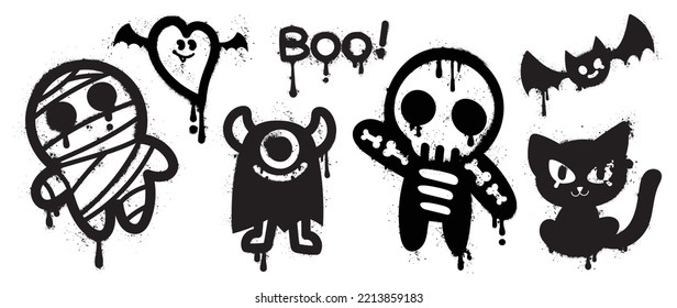 Set of graffiti spray pattern. Collection of halloween symbols, mummy, monster, skeleton, bat, cat with spray texture. Elements on white background for banner, decoration, street art, halloween.