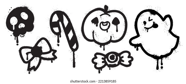 Set of graffiti spray pattern. Collection of halloween symbols, candy , ghost, pumpkin, skull, ribbon with spray texture. Elements on white background for banner, decoration, street art, halloween.