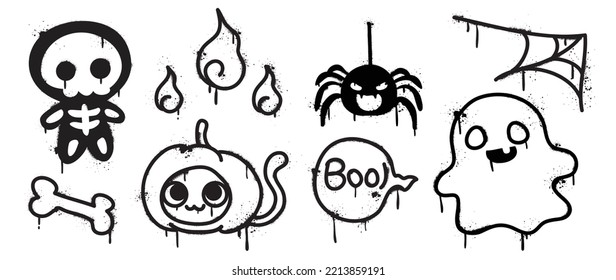 Set of graffiti spray pattern. Collection of halloween symbols, skeleton, cat, ghost, pumpkin, spider with spray texture. Elements on white background for banner, decoration, street art, halloween.