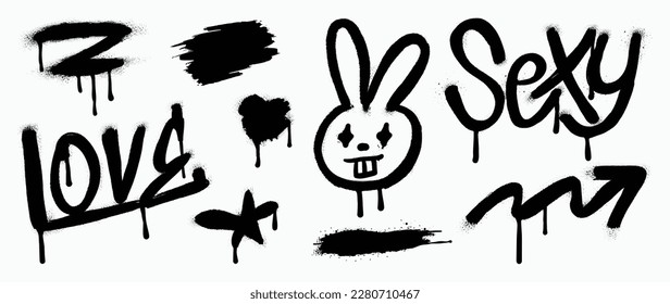 Set of graffiti spray pattern. Collection of black symbols, arrow, rabbit, text, line, star and stroke with spray texture. Elements on white background for banner, decoration, street art and ads.