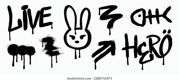 Set of graffiti spray pattern. Collection of black symbols, arrow, rabbit, text, line, fishbone and stroke with spray texture. Elements on white background for banner, decoration, street art and ads.