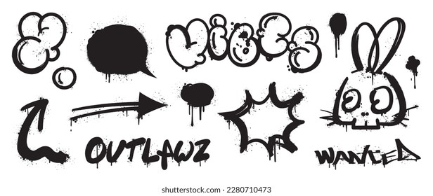 Set of graffiti spray pattern. Collection of black symbols, arrow, rabbit, text and stroke with spray texture. Elements on white background for banner, decoration, street art and ads.