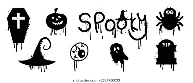 Set of graffiti spray pattern. Collection of halloween symbols, ghost, hat, pumpkin, eye, spider, spooky with spray texture. Elements on white background for sticker, banner, decoration, street art.