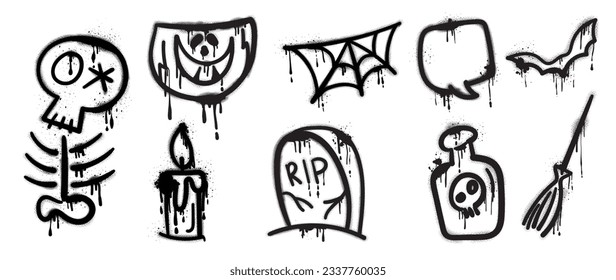 Set of graffiti spray pattern. Collection of halloween symbols, skull, bat, candle, speech bubble, swab with spray texture. Elements on white background for sticker, banner, decoration, street art.