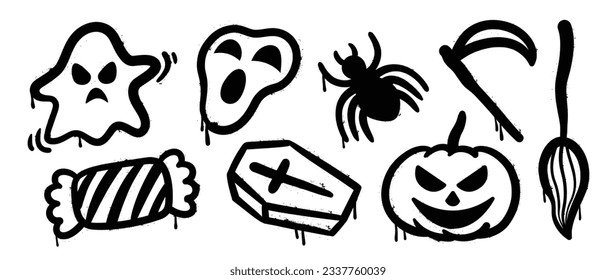 Set of graffiti spray pattern. Collection of halloween symbols, ghost, skull, candy, pumpkin, spider with spray texture. Elements on white background for sticker, banner, decoration, street art.