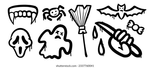 Set of graffiti spray pattern. Collection of halloween symbols, ghost, skull, candy, bat, knife, spider with spray texture. Elements on white background for sticker, banner, decoration, street art.