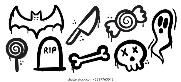 Set of graffiti spray pattern. Collection of halloween symbols, ghost, skull, candy, bone, knife, bat with spray texture. Elements on white background for sticker, banner, decoration, street art.