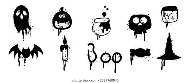 Set of graffiti spray pattern. Collection of halloween symbols, ghost, hat, bat, candle, candy, spooky with spray texture. Elements on white background for sticker, banner, decoration, street art.