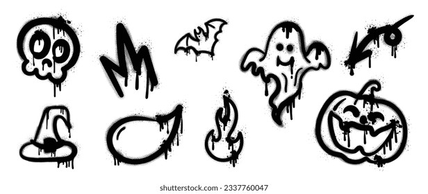 Set of graffiti spray pattern. Collection of halloween symbols, ghost, hat, bat, skull, crown, pumpkin with spray texture. Elements on white background for sticker, banner, decoration, street art.