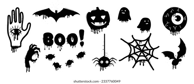 Set of graffiti spray pattern. Collection of halloween symbols, ghost, spider, bat, pumpkin, hand, eye with spray texture. Elements on white background for sticker, banner, decoration, street art.