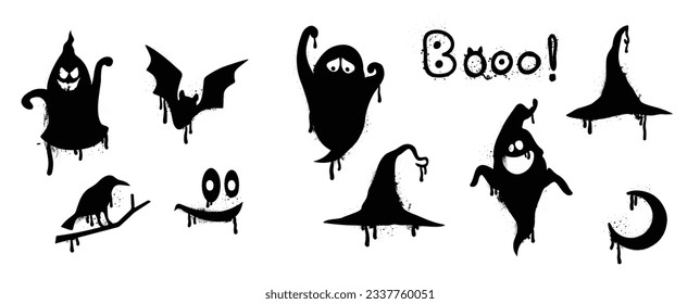 Set of graffiti spray pattern. Collection of halloween symbols, ghost, bat, hat, moon, eye, bird with spray texture. Elements on white background for sticker, banner, decoration, street art.