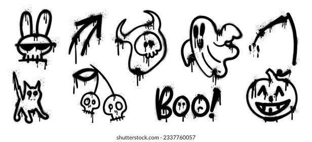 Set of graffiti spray pattern. Collection of halloween symbols, ghost, skull, cat, rabbit, pumpkin, arrow with spray texture. Elements on white background for sticker, banner, decoration, street art.