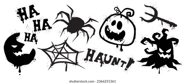 Set of graffiti spray pattern. Collection of halloween symbol, ghost, spider, cobweb, pumpkin with spray texture. Elements on white background for sticker, banner, decoration, street art, halloween.