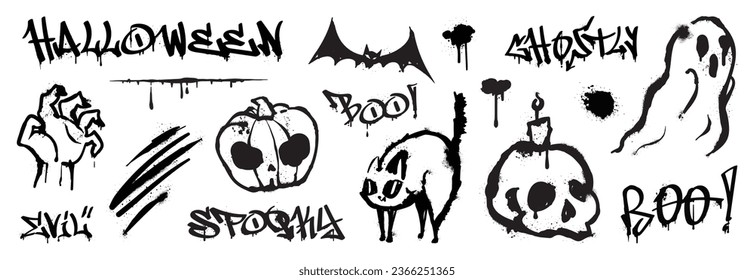 Set of graffiti spray pattern. Collection of halloween symbol, ghost spirit, bat, cat, pumpkin with spray texture. Elements on white background for sticker, banner, decoration, street art, halloween.