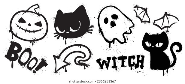 Conjunto de patrones de graffiti. Colección de símbolos de halloween, espíritu fantasma, gato, ala, calabaza con textura de aerosol. Elementos sobre fondo blanco para pegatinas, banner, decoración, arte callejero, halloween.