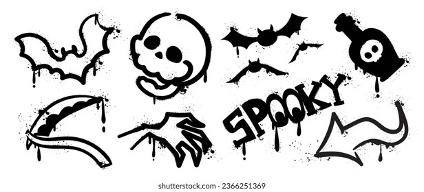 Set of graffiti spray pattern. Collection of halloween symbol, ghost, bat, skull, arrow, poison with spray texture. Elements on white background for sticker, banner, decoration, street art, halloween.