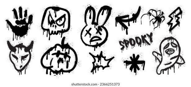 Set of graffiti spray pattern. Collection of halloween symbol, ghost spirit, skull, pumpkin with spray texture. Element on white background for sticker, banner, decoration, street art, halloween.