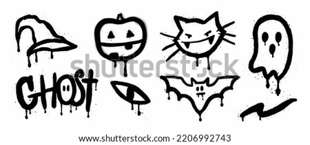 Set of graffiti spray pattern. Collection of halloween symbols, ghost, cat, witch hat, bat, pumpkin, eye with spray texture. Elements on white background for banner, decoration, street art, halloween.