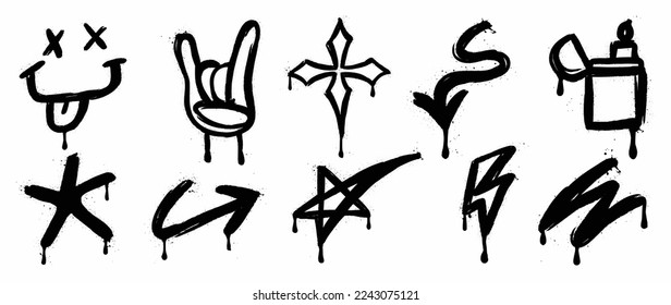 Set of graffiti spray pattern vector illustration. Collection of spray texture teasing face, shaka hand sign, star, arrow, lighter. Elements on white background for banner, decoration, street art.