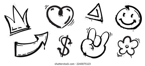 Set of graffiti spray pattern vector illustration. Collection of spray texture crown, heart, arrow, currency, flower, hand gesture. Elements on white background for banner, decoration, street art.