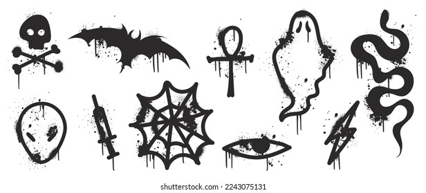 Set of graffiti spray pattern vector illustration. Collection of spray texture skull, bat, spider web, ghost, snake, lightning bolt. Elements on white background for banner, decoration, street art.