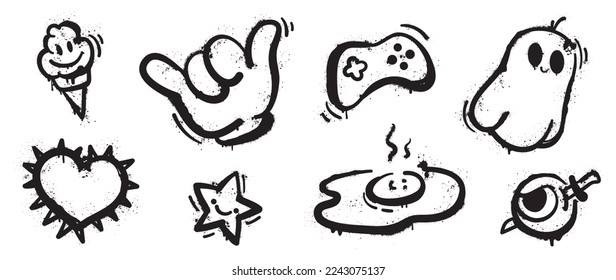 Set of graffiti spray pattern vector illustration. Collection of spray texture Shaka sign, heart, joystick, ghost, fried egg, star. Elements on white background for banner, decoration, street art.