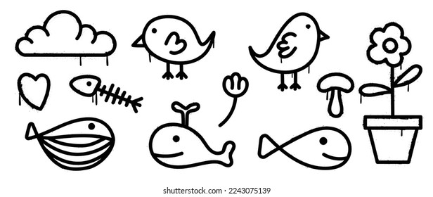 Set of graffiti spray pattern vector illustration. Collection of spray texture cloud, birds, flowers, heart, whales and fish bone. Elements on white background for banner, decoration, street art.