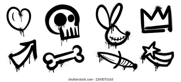 Set of graffiti spray pattern vector illustration. Collection of spray texture heart, skull, arrow, bone, knife, star comet, crown. Elements on white background for banner, decoration, street art.